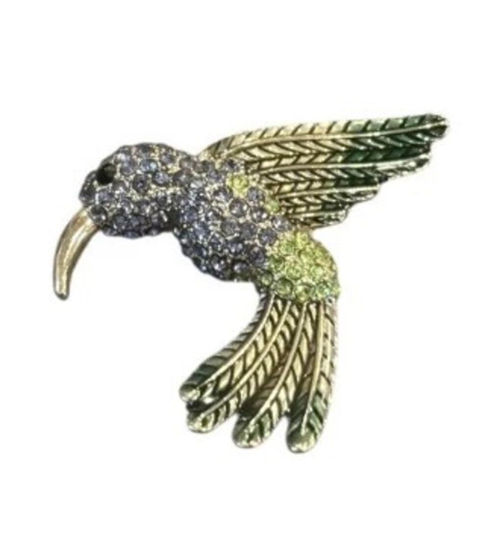 Vintage Hummingbird Brooch Rhinestone Pavé Gold Tone Green Enamel Bird Pin